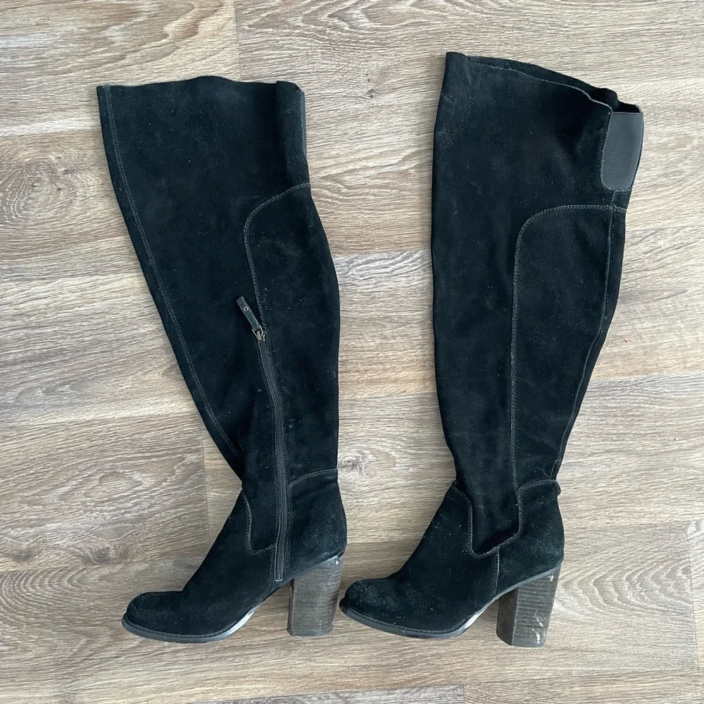 Kelsi Dagger heavy Black Suede Knee High Boots 7.5WC Wide Calf Block Heel